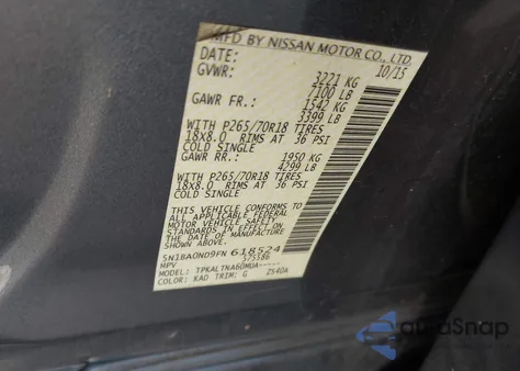 2015 Nissan Armada Sv z USA, uszkodzony, nr VIN 5N1BA0ND9FN618524